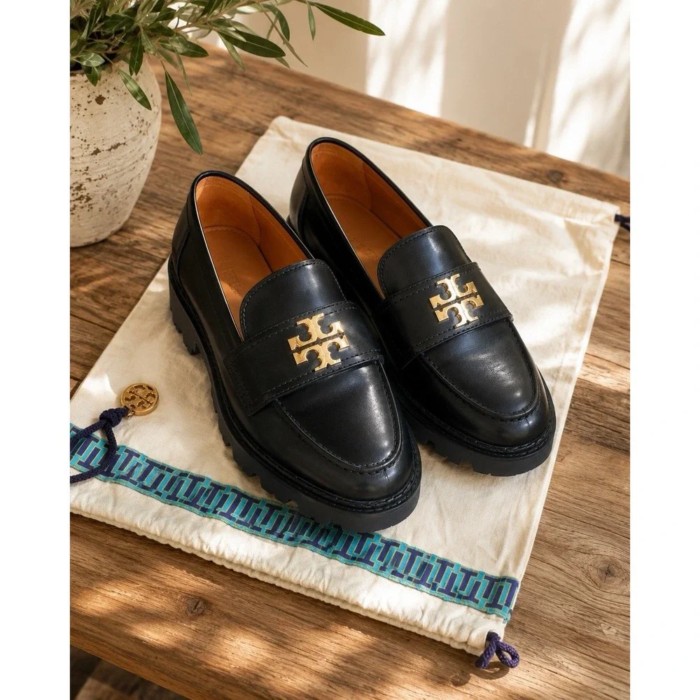 Tory Burch Everly Loafers Black Leather Mini Chunky Lug Sole Women 6 M Preppy